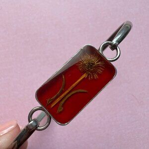 Silver Tone Cottage Core Style Dry Flower Resin Hinged Bangle Cuff Bracelet